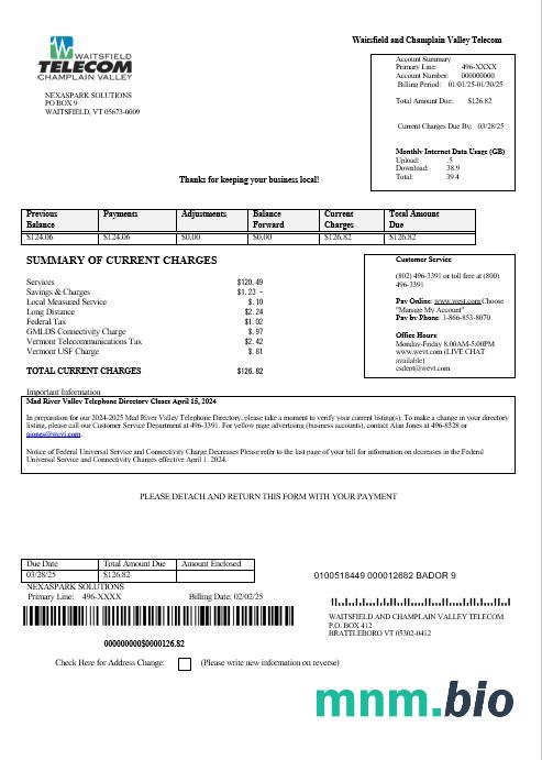 USA Waitsfield Telecom rachunek za usługi komunalne szablon w formacie Word i PDF